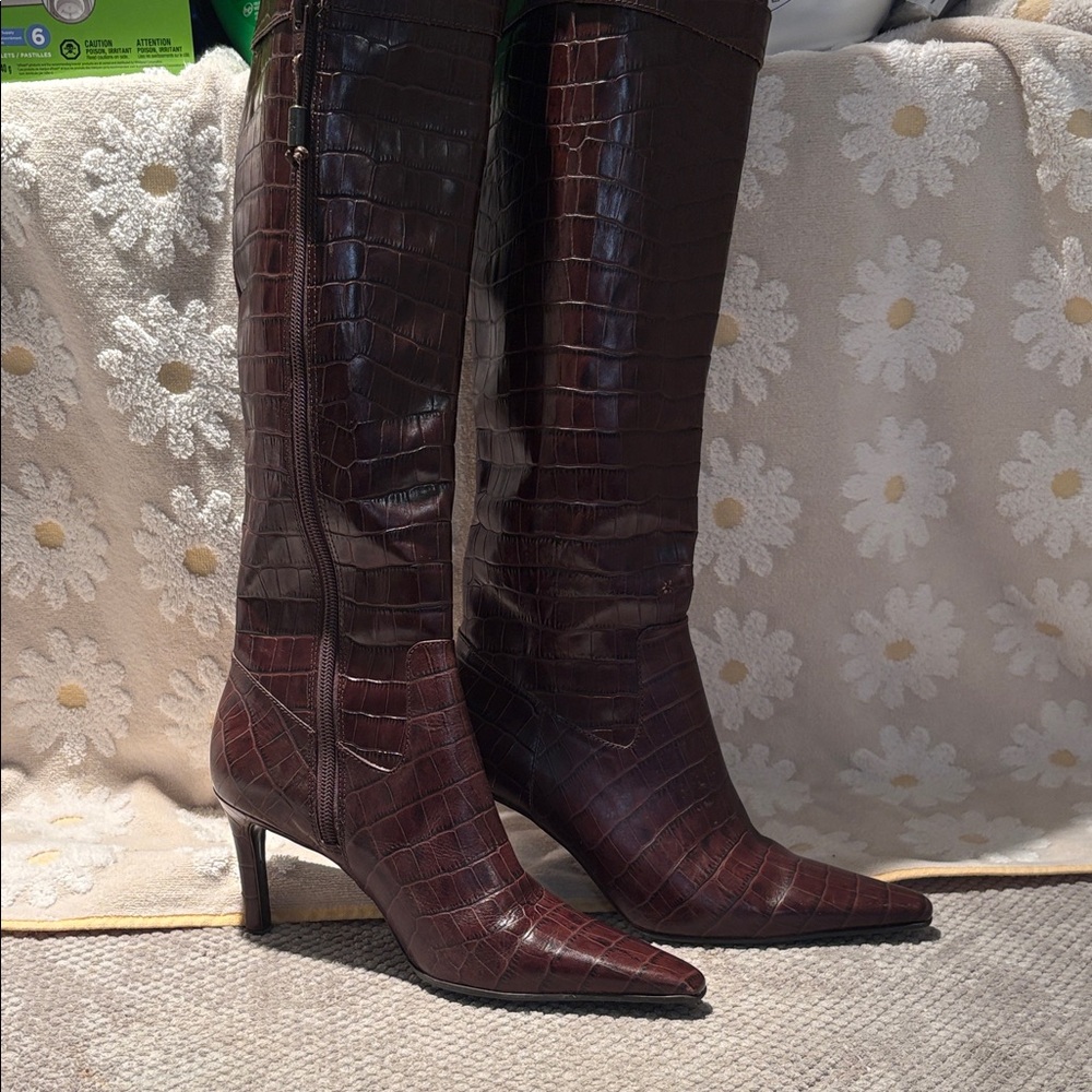 Lauren Ralph Lauren Dark Brown Crocodile-Embossed Heeled Boots